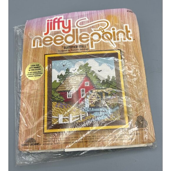 Jiffy cross stitch Needlepoint Kit "Summer Mill" 5 x 5 seasons barn Vtg - Picture 1 of 3